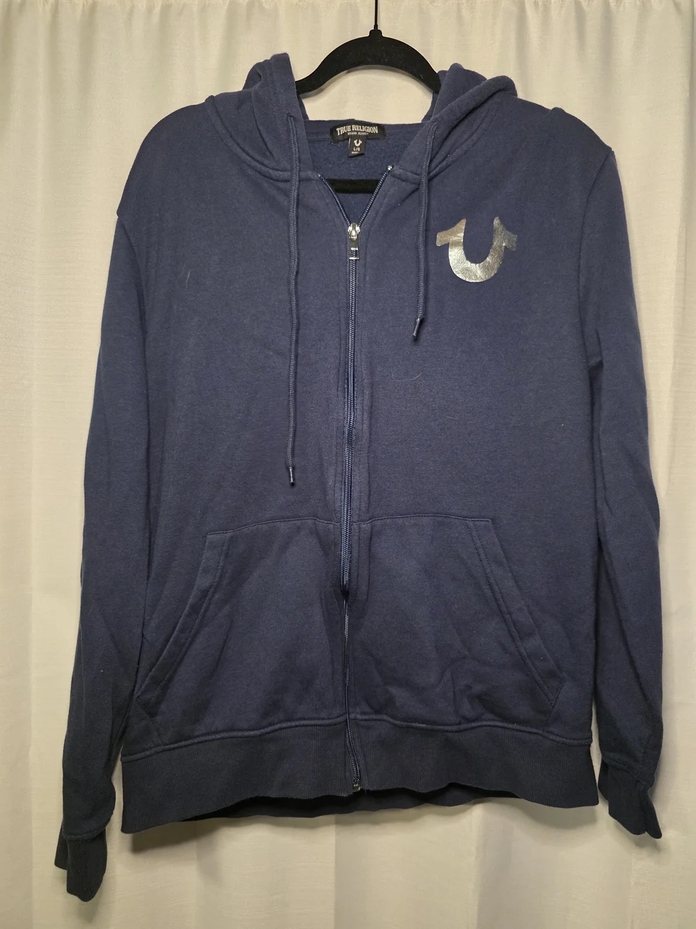 True Religion Navy Zip-Up Hoodie with Red and Silver Back Graphic